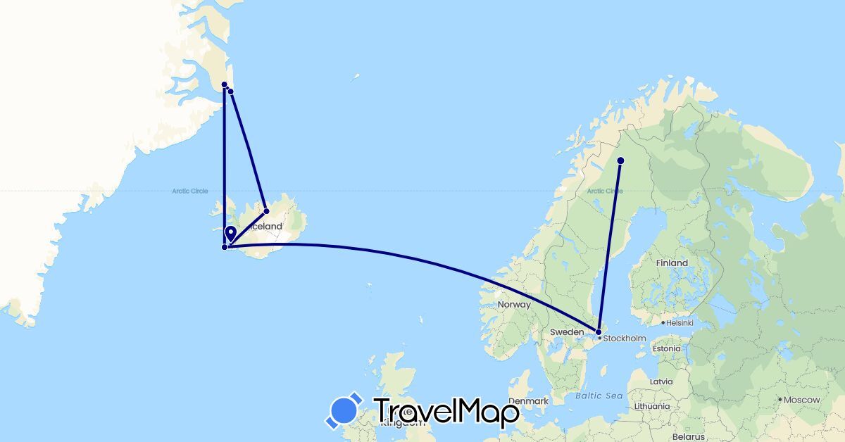 TravelMap itinerary: driving in Greenland, Iceland, Sweden (Europe, North America)